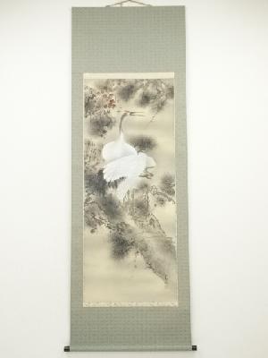 林萬城筆　松上双鶴　肉筆絹本掛軸（共箱）